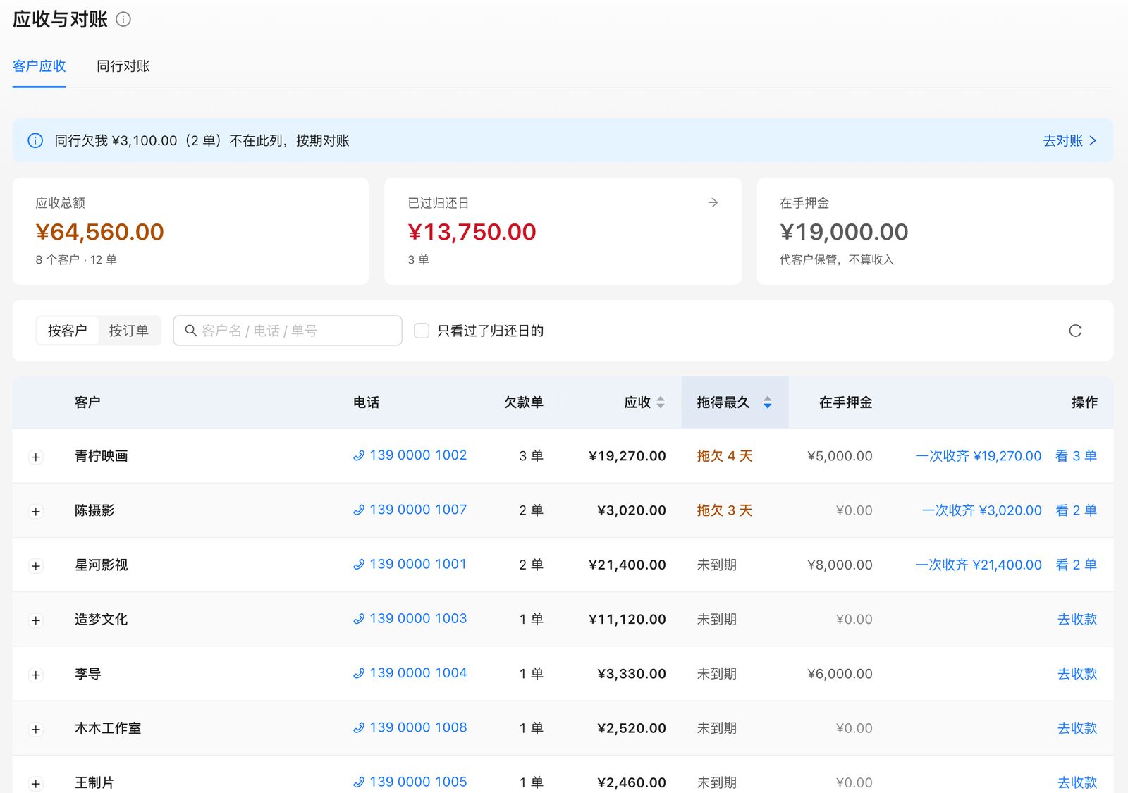 应收与对账：每个客户欠多少、拖了几天，一次收齐